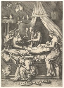 En allegori om sygdom, mand, der lægger sig på en seng omgivet af figurer, ca. 1540.