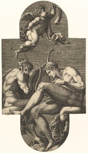 Apollo, Pan og en putto, der blæser i horn, fra en serie på otte kompositioner efter Frankrig..., 1560