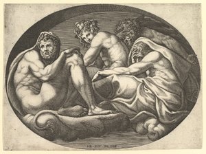 Hercules, Bacchus, Pan og Saturn, fra en serie på otte kompositioner efter Francesco P..., 1560