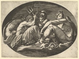 Pluto, Neptun, Minerva og Apollo, fra en serie på otte kompositioner efter Francesco P..., 1560