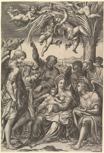 Hvil på flugten til Egypten, den hellige familie under et palmetræ omgivet af engle, sat..., 1578. af Giorgio Ghisi