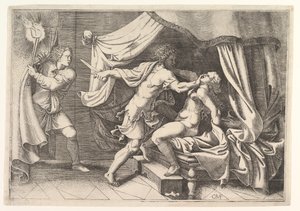 Tarquin angreb Lucretia, en tjener til venstre, der overværede scenen, ca. 1540.