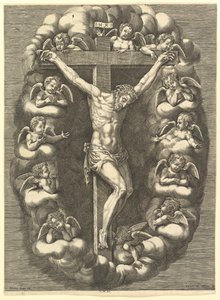 Den korsfæstede Kristus omgivet af sørgende engle, 1575-1679. af Giorgio Ghisi