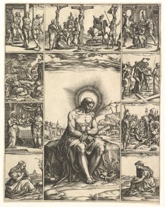The Man of Sorrows, et billede af Kristus omgivet af ni vignetter, der skildrer scener af..., fra 1575.