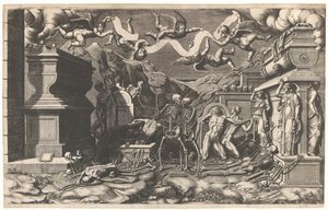 The Vision of Ezekiel, en gruppe af lig og skeletter, der dukker op af grave, over dem ..., 1554.