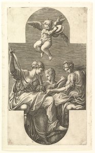 Three Muses and a Putto with Cymbals, en korsformet komposition, fra en serie på otte kom..., 1560