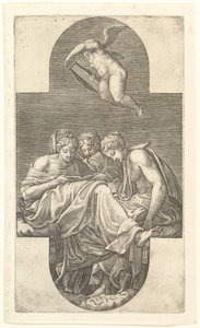 Three Muses and a Putto with a Lyre, en korsformet komposition, fra en serie på otte komp..., 1560