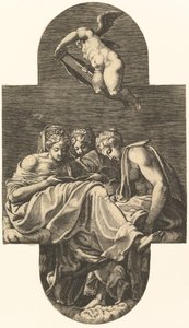 Tre muser og en putto over med en lyre, fra en serie på otte kompositioner efter Fran..., 1560