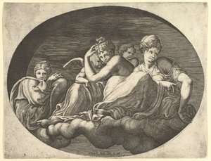 Venus og Amor, To andre gudinder og en Putto, fra en serie på otte kompositioner af..., 1560