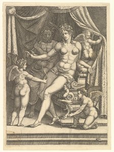Venus og Vulcan siddende på en seng og tre putti, midten af 1550