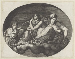 Venus, to gudinder og to putti Ovale loftmalerier i Galerie d