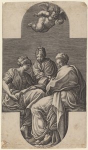 Tre muser og en gestusende putto af Giorgio Ghisi after Francesco Primaticcio