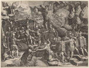 Sinon bedrager trojanerne af Giorgio Ghisi after Giovanni Battista Scultori