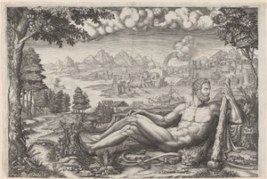 Hercules hviler fra sit arbejde af Giorgio Ghisi after Giulio Romano