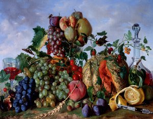 Stilleben af august måneds frugter, ferskner, melon, druer, Damaskus blommer, pærer (August frugter, ferskner, melon, pærer, druer og damsons) Maleri af Giorgio Rovea (ca. 1815-1892) 1862 Dim 53x67 cm Gener , Galleria d
