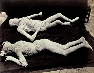 To afstøbninger af menneskefigurer fra udgravningerne i Pompeji. Udstillingerne blev placeret på sort klæde for at fotografere dem af Giorgio Sommer
