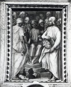 Cosimo de Medici sidder blandt filosoffer og kunstnere i Sala di Cosimo il Vecchio af Giorgio Vasari