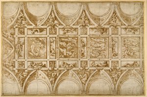 Design til refektoriets loft på Jesuit College i Cortona (pen & brun blæk med lysebrun vask) af Giorgio Vasari