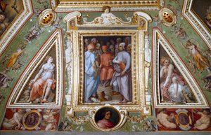 Detalje af værelset til Cosimo de Medicis, der repræsenterer sig selv med kunstnere og intellektuelle (fresko af Giorgio Vasari