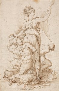 Bevinget Victoria med en palmegren og tre fanger knælende på trofæer. Omkring 1540 af Giorgio Vasari