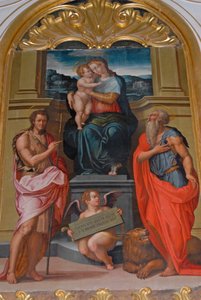 Madonna og barn mellem St. John Baptist og St. Jerome, maleri af Giorgio Vasari, kirke i Camaldoli kloster, Camaldoli, Toscana, Italien af Giorgio Vasari