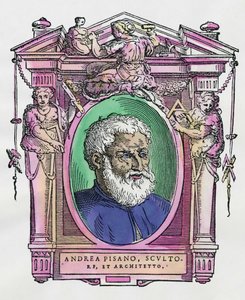 Portræt af Andrea Pisano (1290-1349) italiensk billedhugger og arkitekt. Gravering af godbidden "" Livet af de mest fremragende malere, billedhuggere og arkitekter "" (Le Vite de