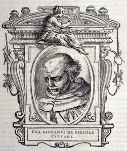 Portræt af Beato Angelico dit Fra Angelico (Guido Di Pietro Da Mugello) 1390-1455, italiensk maler. I "" De bedste italienske billedhuggere og arkitekters liv""" af Giorgio Vasari 1568. af Giorgio Vasari