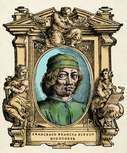 Portræt af Francesco FRANCIA (1450-1517) italiensk maler. Gravering af afhandlingen "" De mest fremragende malere, billedhuggere og arkitekters liv" (Le Vite de