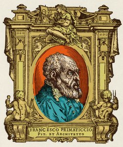 Portræt af Francesco Primaticcio kendt som The Primatice (1504-1570) maler, billedhugger og arkitekt. Han var medlem af Ecole de Fontainebleau. Gravering af godbidden "" Livet af de mest fremragende malere, billedhuggere og arkitekter "" (Le Vite de