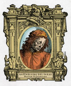 Portræt af RAFFAELLINO DEL GARBO (Raffaellino de Carli) (1466-1525) italiensk maler. Gravering af godbidden "" Livet af de mest fremragende malere, billedhuggere og arkitekter "" (The Lives of the Most Excellent Painters, Sculptors and Architects) af Giorg af Giorgio Vasari