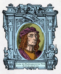 Portræt af Raphael (Raffaello Sanzio 1483 - 1520) italiensk arkitekt og maler. Gravering af godbidden "" Livet af de mest fremragende malere, billedhuggere og arkitekter "" (Le Vite de