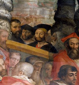 Portrætter af Michelangelo, Lorenzo de "Medici, hertug af Urbino, Giuliano dei Medici og Leonardo da Vinci, detaljer fra" Pave Leo X vælger talrige kardinaler ", 1553-85