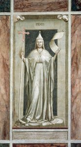 Tro, kvindeskikkelse, der holder korset og et rullesymbol på den åbenbarede sandhed, mens de ødelægger et afgud og står på symboler på kabbalaen, af Giotto, cyklus af freskoer De laster og dyder, efter restaurering, Scrovegni Chapel, Padua, Veneto, Italien af Giotto (c.1266 1337)