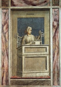 Forsigtighed, kvindeskikkelse, der sidder ved et skrivebord, kigger på fortiden for at lære af erfaringer og læser en bog for at lære fremtiden, af Giotto, cyklus af freskomalerier The Vices and Virtues, efter restaureringen, Scrovegni Chapel, Padua, Venet af Giotto (c.1266 1337)
