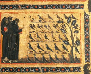 Historier om Sankt Frans: Sankt Frans prædiker for fugle, fresko af Giotto (1267-1337), ca. 1325. Bardi-kapellet i Vernio, Basilica of Santa Croce, Firenze. Italien