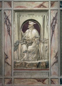 The Injustice, en gammel mand, der holder et sværd i hænderne, mens ondskabens træer vokser foran ham, af Giotto, detaljer fra cyklussen af freskomalerier The Vices and Virtues, efter restaureringen i 2002, Scrovegni Chapel, Padua, Veneto, Italien. af Giotto (c.1266 1337)