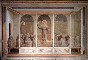 Den hellige Frans dukker op i et kapitel i Arles under forudsigelsen af den hellige Antonius af Padua (Fresco af Giotto (c.1266 1337)