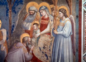 Tilbedelsen af Magi. Detalje, der viser magikeren, der lægger sig ned foran Jesus i Marias arme mellem englen og Saint Joseph (fresco af Giotto (c.1266 1337)
