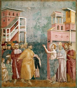Afkald på ejendom. Saint Francois returnerer tøjet til sin far. Maleri af Giotto di Bondone (1267-1337)