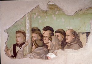 Episode af Saint Francois af Assisis liv: "" Saint Francois viser sig for Fra Agostino og til en eveque"" Detalje, der repræsenterer en gruppe franciskanermunke. Fresco af Giotto da Bondone af Giotto di Bondone