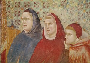 Sankt Frans prædiker en prædiken for pave Honorius III, detalje af tre prælater på højre side, ca. 1297-99 af Giotto di Bondone