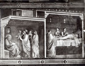 Johannes Døberens fødsel og hans far Zacharias skriver hans navn af Giotto di Bondone