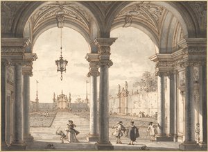 Udsigt gennem en barok søjlegang ind i en have, 1760-1768 af Giovanni Antonio Canal