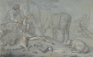 Jægere med dødt vildt i et landskab, 1600-1800. af Giovanni Agostino Cassana