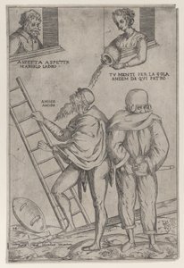 En mand klatrer op på en stige, mens en kvinde kaster vand på ham fra oven, 1575-99.