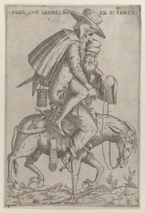 Karikatur med to mænd på et muldyr, 1575-99.