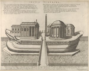 Udsigt over Tiberøen repræsenteret som et skib, Aesculapius-templet til venstre, 1582., 1582.