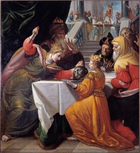 Salome med Johannes Baptists hoved på en sølvplade Maleri af Giovanni Andrea Ansaldo (1584-1638) 1630 cirka Genes, Musei di Strada Nuova (ex Palazzo Bianco)