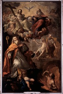 Repræsentation af Sankt Nikolaus af Bari og den hellige treenighed Gud, Jesus Kristus og Helligåndens due (Sankt Nikolaus af Bari og den hellige treenighed) Maleri af Andrea Carlone (1639-1697) Santa Margherita-kirken, Santa Margherita Ligure Italien