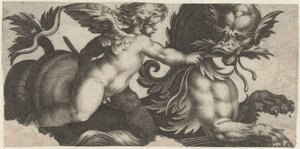 Putto fodrer et havuhyre med et blad Frisere med havmonstre (serietitel)